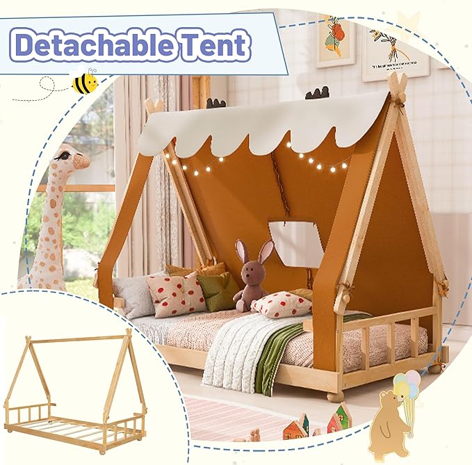 Twin Size Floor Bed with Tent and Light, Wooden Montessori Bed Frame with Roof Design, Low Profile Beds for Kids, Boys and Girls, Brown