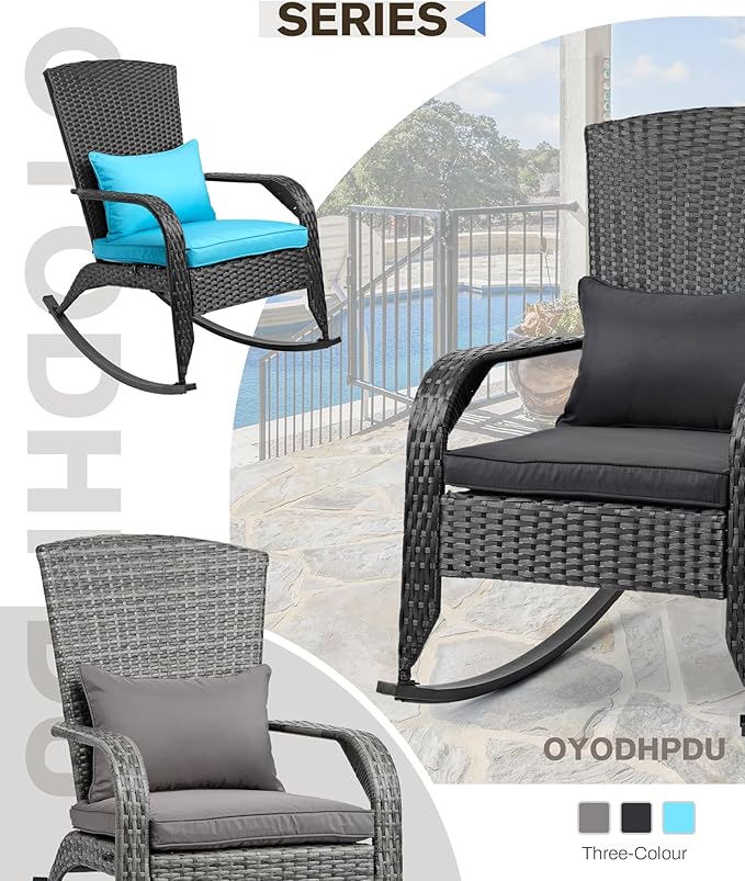 Outdoor Rocking Chair Set of 2- Outdoor Rattan Rocker Chair with Heavy-Duty Steel Frame- All Weather Rocker Chair for Garden, Porch, Poolside, Backyard (Black, 320lbs)