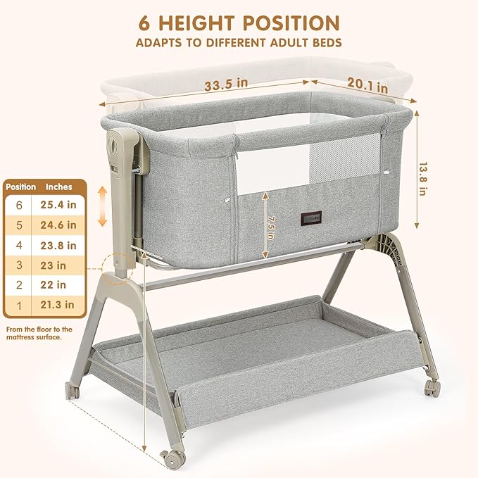 Ezebaby Baby Bassinet Bedside Crib, 3-in-1 Rocking Bassinets Bedside Sleeper with Comfy Mattress and Wheels, 6-Height Adjustable, Stable and Secure Crib for Newborn Infant