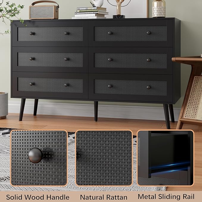 6 Drawer Dresser for Bedroom, 47.3" Rattan Chest of Drawers with Wooden Knobs, Natural Wood Dresser for Closet TV Stand Storage Organizer for Bedroom, Hallway, Office, Black