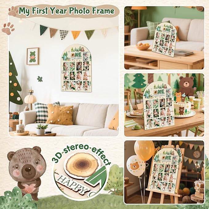 R HORSE My First Year Photo Display Wood Board - 3D One Happy Camper Baby's First Year Picture Frame, 12 Months Camping Milestone Board Neutral Keepsake Gift 1st Birthday Nursery Decor for Boy Girl
