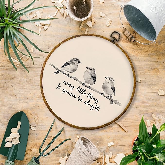 Hiuwevt Bird Round Wall Art Decor, Neutral Rustic Positive Quotes Hanging Canvas Prints Artwork Framed, Every Little Thing Is Gonna Be Alright Circular Wall Decor for Home Room, 10x10 Inch