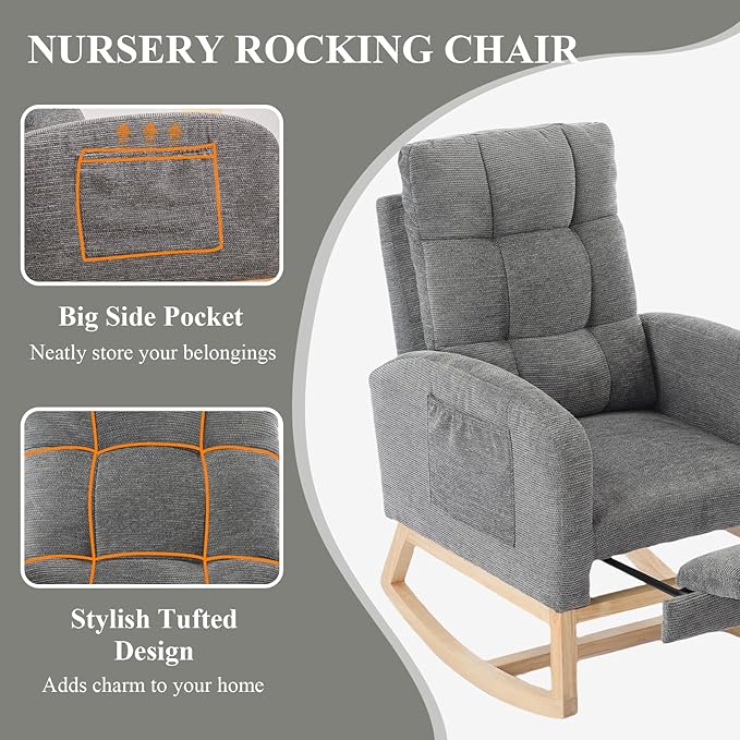 Nursery Rocking Chair, Polyester Upholstered Glider Chair with Footrest, Comfy Rocker Chair, Accent Chair with High Backrest, Glider Rocker, Armchair for Living Room (Gray Linen)