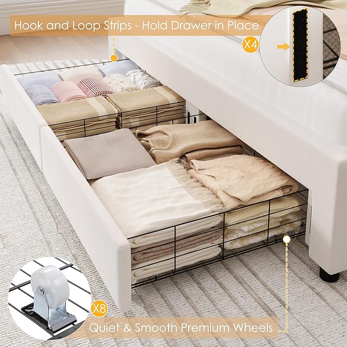 Keyluv Queen Princess Bed Frame with Storage Drawers, Soft Velvet Upholstered LED Platform Bed with Adjustable Modern Shell Headboard, No Box Spring Needed, Noise-Free, Beige