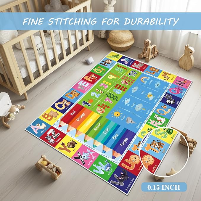 Baby Play Mat, ABC Rug for Kids Playroom, Non Slip Washable Toddler Floor Mat, Alphabet Numbers Colors Weather Learning Classroom Rug for Nursery or Preschool, 4x6 ft