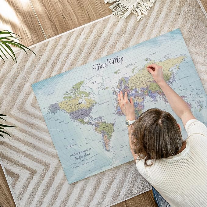 ElephantStock - Push Pin Travel Map World I Wall Art - Horizontal Canvas Wall Art - Living Room Wall Decor - Printmaking Map Canvas Art - Blue And Beige Decor - 39" x 26"