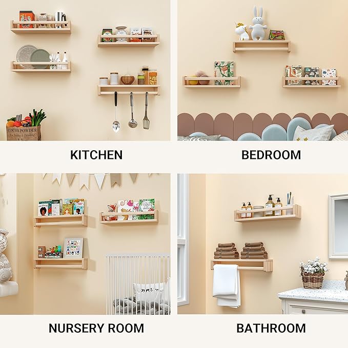 Heimlove Nursery Floating Shelves, Solid Wood Nursery Book Shelves for Wall, 16 inch Bookshelf for Kids, Mounted Shelves for Books,Toys and Decor Storage, Set of 2