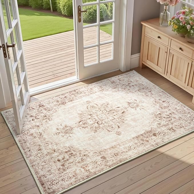 Area Rug 2x3, Washable Rug for Entryway Indoor, Small Area Rug for Living Room Entrance, Vintage Rug for Bedroom Doormat, Non Slip Soft Low Pile Carpet for Kitchen, Hallway, Office, Beige