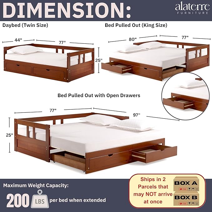 Melody Twin to King Extendable Daybed with Trundle and Storage Drawers – Solid Brazilian Pine Wood Guest Bed with 400lb Capacity for Kids, Teens, or Adults by Aalaterre Furniture (Chestnut Finish)