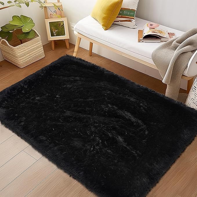 Fluffy Rug Washable 2x3 Feet, Pure Black Desk Chair Rug Non-Slip, Super Soft Kids Rug for Boys Nursery Dorm Decor