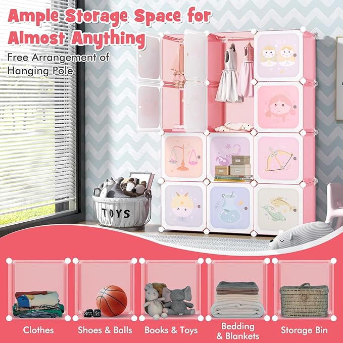 HONEY JOY Kids Wardrobe Closet, Baby Cartoon Clothes Storage Organizer, 12 Cubes & 2 Hanging Sections, Portable Children DIY Modular Bedroom Armoire Dresser Cabinet for Boys Girls (Light Pink)