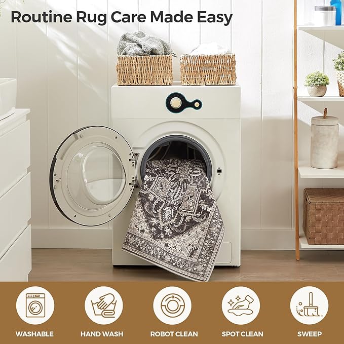 WITSHOCK 3x8 Kitchen Runner Rugs Black: Washable Rug Boho Soft Low Pile Stain Resistant Foldable Carpet for Bedroom Hallway Entryway Indoor Entrance Bedside, Vintage Distressed Farmhouse Rug, 36″x96″