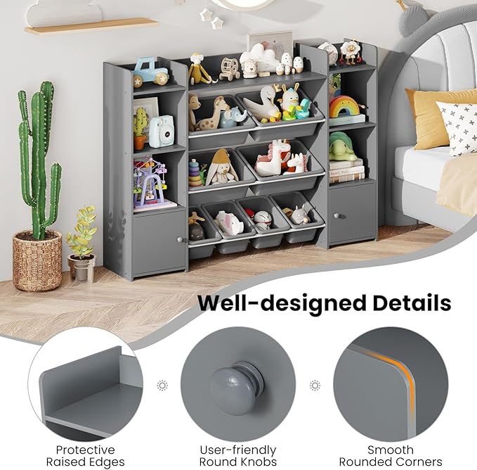 Costzon 56'' Kids Toy Storage Organizer with 8 Removable Bins, 4-Tier Toddler Bookshelf Cubbies, Preschool Children's Montessori Bookshelf w/6 Large Cabinet for Playroom, Daycare, Kids Room, Classroom