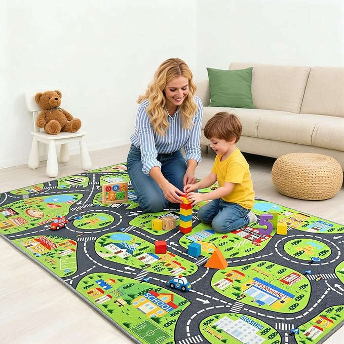 Kids Play Rugs - 36"x60" Learning and Fun City Road Map Play Mat for Playing with Cars Trucks Toys, Non-Slip Playmat for Nursery, Playroom Bedroom and Classroom, Machine Washable