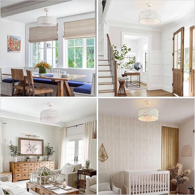 White Fandelier Ceiling Fan with Light, 20" Caged White Chandelier Ceiling Fans with Lights Remote Control, Fabric Mid-Century Modern with 6 Speeds for Bedroom, Nursery, Living Room.