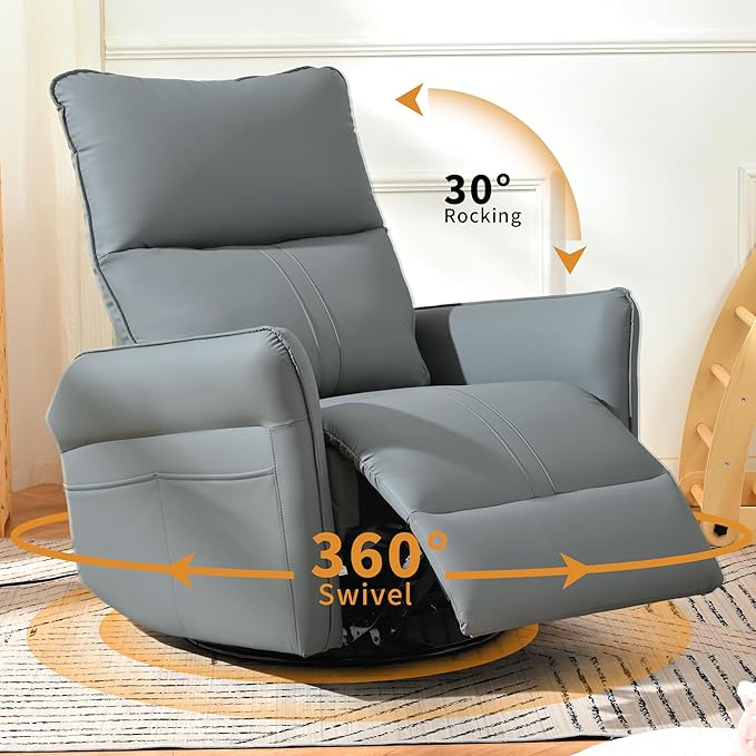 Glider Chair for Nursery, 360° Swivel Rocker Recliner with Side Pocket, Leather Manual Rocking Chair for Living Room, Bedroom, Small Spaces