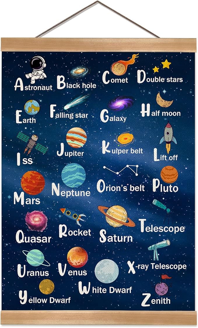 ZTGDA Space Alphabet Poster Set of 1, Children's Room Wall Art, Cosmic ABC Banner Poster, Letter Banner Wall Hanging Decor for Toddler Room Playroom Nursery Wall Classroom Decor 12x16inch (Space ABC)