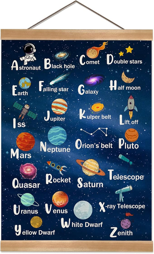 ZTGDA Space Alphabet Poster Set of 1, Children's Room Wall Art, Cosmic ABC Banner Poster, Letter Banner Wall Hanging Decor for Toddler Room Playroom Nursery Wall Classroom Decor 12x16inch (Space ABC)
