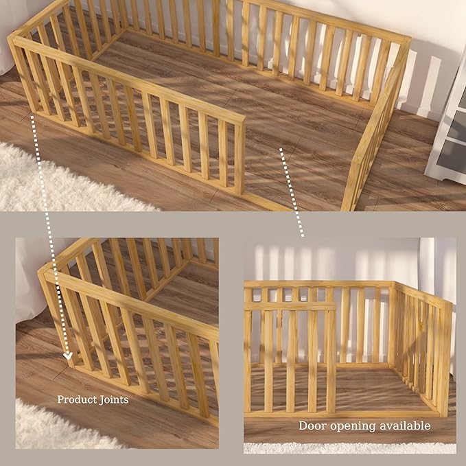 Montessori Floor Bed for Kids 75.8'' x 80'' King Size | Toodlers Floor Bed with Safety Guardrails | Pine Wood Baby Bed | Sturdy Wood Frame Bed for Girls and Boys (King, Height : 19 Inches)