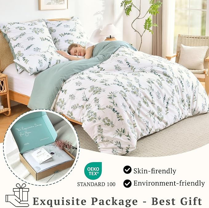 MILDLY King Duvet Cover Sage Green - 100% Washed Cotton Eucalyptus Printed Linen Feel Comforter Cover 3pcs with Zipper Closure Corner Ties