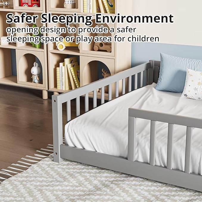 LLS Full Floor Bed for Kids Toddlers, Solid Wood Multifunctional Montessori Bed Frame with Safety Guardrails, Without Door, Easy Assemble, Grey