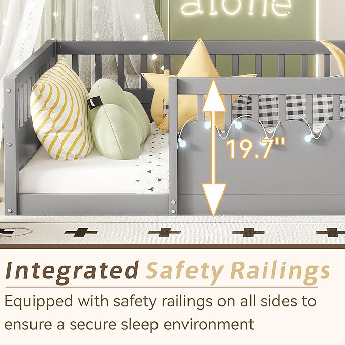 Twin Toddler Floor Bed with High Rails, Wooden Montessori Bed Frame with Light and Storage Shelf, Twin Size Bed Frame for Kids, Boys and Girls, Grey
