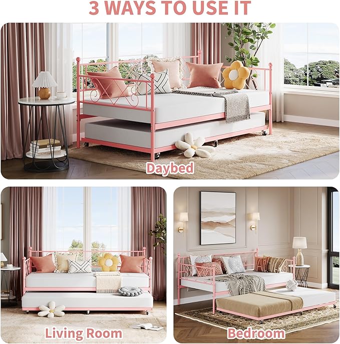 Daybed with Trundle, Trundle Bed Twin with Heart-shaped Headboard for Kids, Sturdy Metal Day Bed with Steel Slat Support, Twin Daybed for Living Room, Bedroom and Guest Room, Easy Assembly, Pink