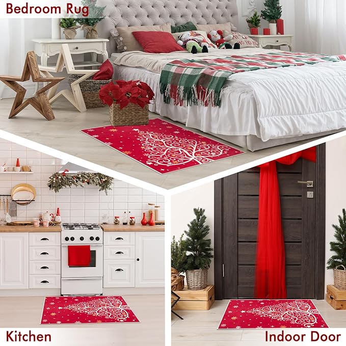 2x3 Machine Washable Christmas Area Rug, Non-Slip Small Christmas Entryway Rug for Front Door, Low Pile Indoor Door Mat for Entryway, Bedroom, Dining Room & Kitchen(2x3 Christmas Tree)
