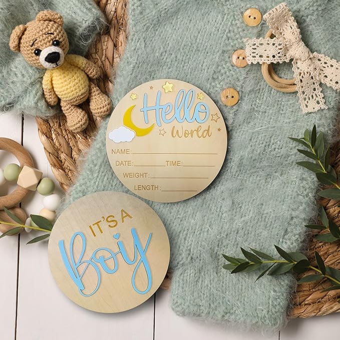 2Pcs Baby Announcement Sign Set, 5.9 Inch Hello World Newborn Sign and IT’S A Boy Welcome Signs, Baby Name Sign with Ink Pad for Hand & Footprints, 3D Wooden Birth Gifts for Hospital Shower Nursery