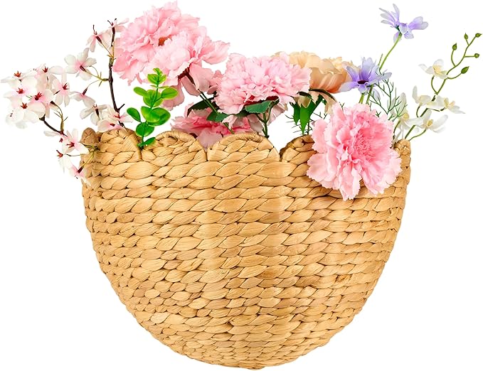 Scalloped Wicker Wall Basket 14"L x 11"W x 7"H, Handwoven Hanging Wall Organizer for Boho Home Décor, Natural Rattan Storage Basket for Living Room, Entryway, Kitchen