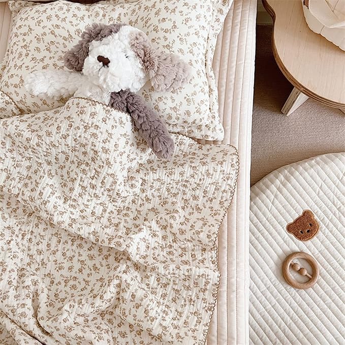 BuLuTu 4 Layer Toddler Blanket 100% Cotton Muslin Bed Blankets for Kids,Girls,Boys, Designed with Cute Camellia Flowers Lightweight Thermal Baby Blanket, Super Soft and Warm Crib Blanket, 47x51