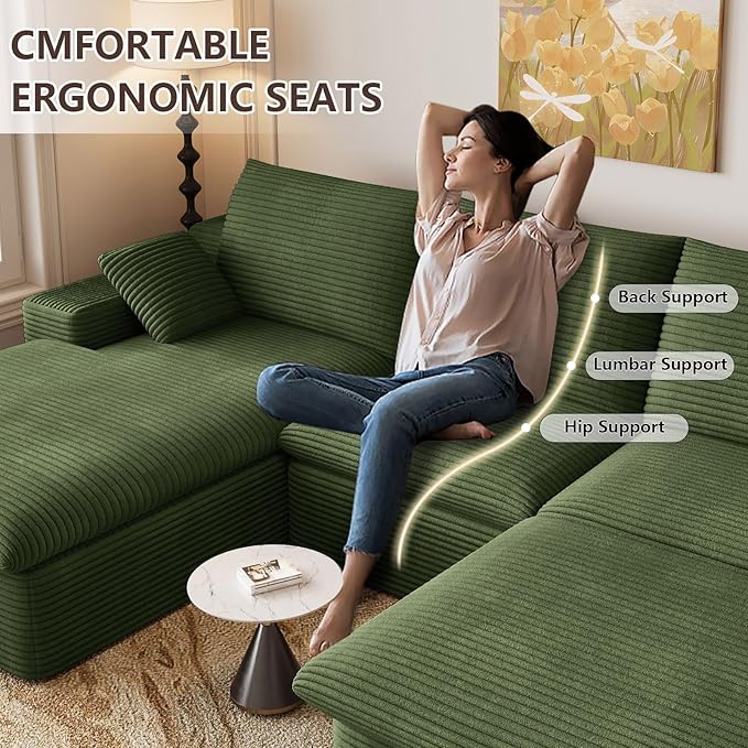 107" Cloud Modular Sectional Sofa with 1 Ottoman, Modern Upholstered Corduroy Couches, Comfort U Shaped Sofa for Living Room, Deep Seat Boneless Couch, No Assembly Required(Green,Left Facing Chaise)