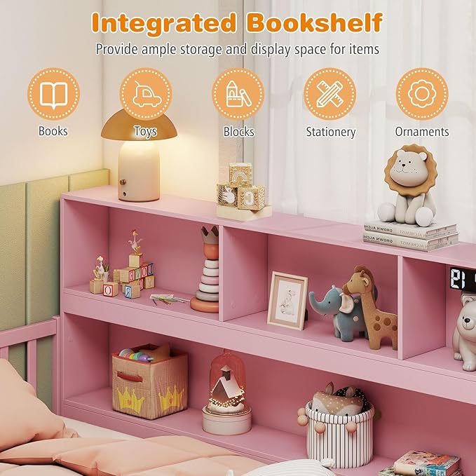 Giantex Twin Floor Bed for Kids, Wooden Montessori Bed Frame with Bookcase, Storage Shelves & Safety Fence Rails, Floor Beds Twin for Girls, Boys, No Box Spring Needed, Without Slats, Pink