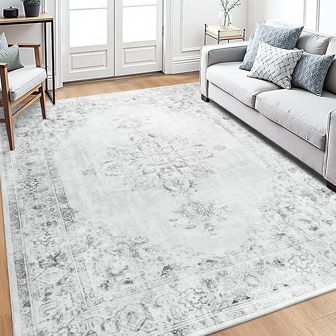 Area Rug 6x9, Washable Rug for Living Room, Large Area Rugs for Bedroom, Vintage Rug 6x9 for Dining Room, Non Slip Soft Low Pile Indoor Carpet for Kitchen, Nursery, Office, Farmhouse, Light Grey