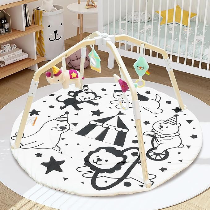Bella’s Friends Baby Play Gym Mat, Stage-Based Developmental Tummy Time Mat, Wooden Activity Center for Baby with 4 Detachable Sensory Toys and Reversible Mat, Baby Essentials Gifts for Newborn Infant