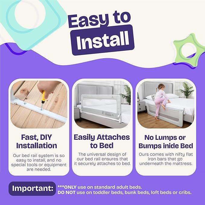 ComfyBumpy Bed Rail & Bumper Set for Toddlers – Extra-Long Rail + Foam Safety Guard | Fits Twin, Full, Queen & King Sizes | Non-Slip Protection for Comfortable Toddler Sleep | Grey