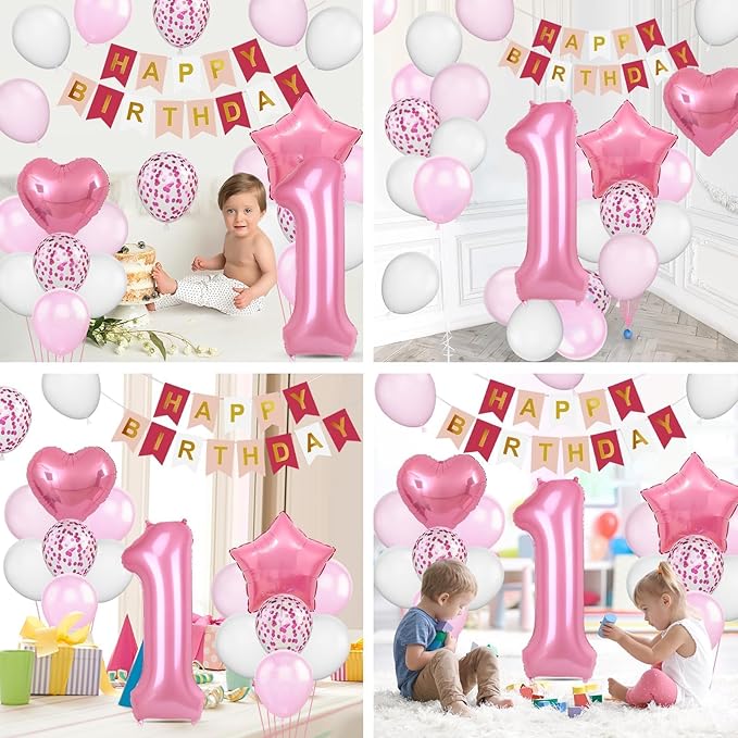 1st Birthday Decoration for Girls, Pink White Confetti 1st Birthday Balloon with 40 Inch Number 1 Pink Balloon Star Heart Balloons and Happy Birthday Banner for Baby 1 Year Old Birthday Party Decor