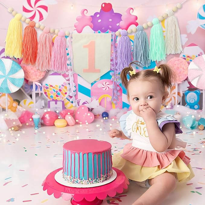 Boho Macaron Handmade Extended 1st Birthday High Chair Banner Wild One First Highchair Banner for Baby Girls Wood Bead Tassel Garland 1 Birthday Party Decorations Photo Props 6