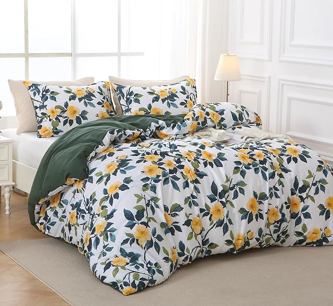 MUXHOMO Duvet Cover Queen Size, Reversible Floral Vintage Duvet Cover Set with Zipper Closure, 3 Pieces Botanical Patterns Soft Microfiber Bedding Set (90"x90", 2 Pillow Cases, Winter Jasmine Green)