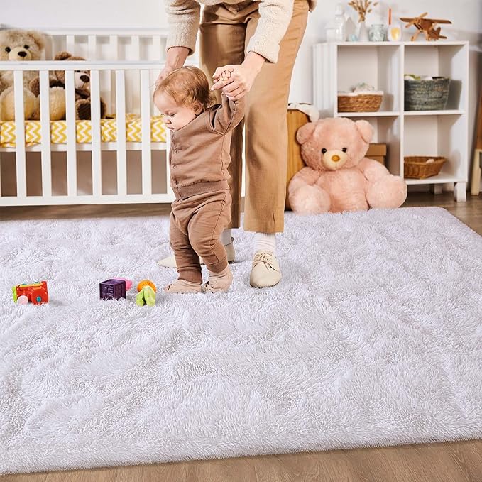 Merelax Soft Modern Indoor Large Shaggy Rug for Livingroom Bedroom Dorm Kids Room Home Decor, Non-Slip Plush Fluffy Furry Fur Area Rugs Comfy Nursery Accent Floor Carpet 9x12 Feet, White