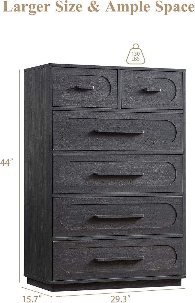 Grey 6 Drawer Dresser for Bedroom, 44" Tall Dresser & Chest of Drawers with Solid Wood Handle, Large Wood Storage Dressers Organizer for Bedroom, Living Room