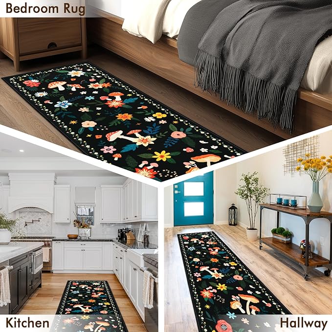 2x6 Machine Washable Kitchen Runner Rug, Non-Slip Vintage Floral Hallway Rug, Low Pile Carpet Runners for Laundry Room, Entryway, Bedroom & Kitchen(2x6 Black Mushroom)