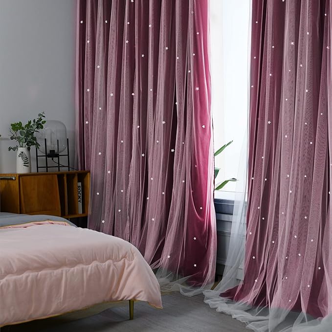 Kinryb Kids Blackout Curtains for Bedroom/Living Room/Classroom, Sheer Overlay 2 Free Tiebacks, Double Layer Curtains with Star Cutout for Kids Room(Each Piece W 70 x L 63 Inches 2 Pcs Red)