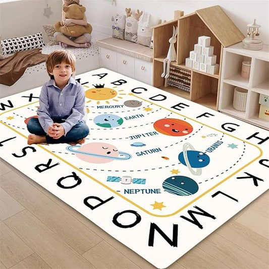 Solar System Kids Rug, Alphabet and Planet Carpet for Playroom 4x6, Children's Educational Play Mat ABC Rugs, Outer Space Play Rug