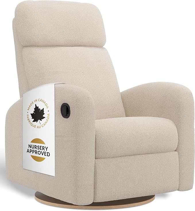 Jaymar Hailey Modern Nursery Glider Recliner Chair (Manual) – Cozy Nursing Chair with 360° Swivel for New Parents, High Back & Low Armrests, Adjustable headrest, Canadian Made (Beyond Sheep Crème)