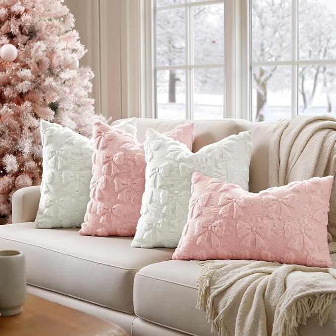 MIULEE Pure White Bow Pillow Covers Christmas Coquette Room Decor Aesthetic Set of 2 Decorative Cute Girl Throw Pillow Soft Plush Faux Pillowcase for Girl Bed Couch Sofa,18x18 Inch
