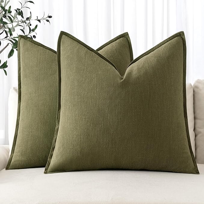 MIULEE Decorative Linen Pillow Covers 16x16 Inch Green Boho Farmhouse Neutral Couch Throw Pillows for Bed Pack of 2 Accent Outdoor Pillowcase Modern Sofa Cushion Livingroom Home Decor