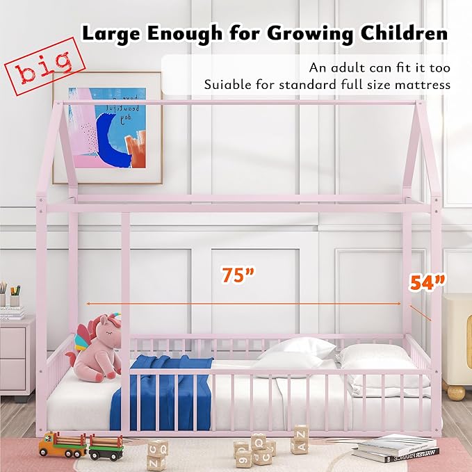 Bellemave Full Size Montessori Floor Bed, Metal House Bed Framefor Kids, Montessori Floor Beds with Fence, Playhouse for Kids, Pink