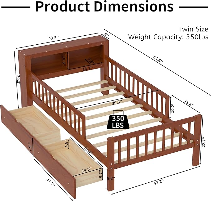 Wood Twin Size Platform Bed with Safety Fence for Kids Boys Girls, Platform Bed Frame with Practical Headboard and 2 Under-Bed Drawers, Sturdy Slats Support (Walnut-3.15)