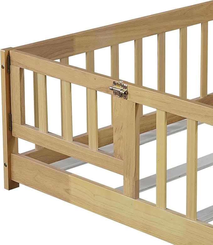 Bellemave Twin Size Floor Bed for Kids, Girls, Boys, Rubber Wood Floor Bed with slats and Door, Natural
